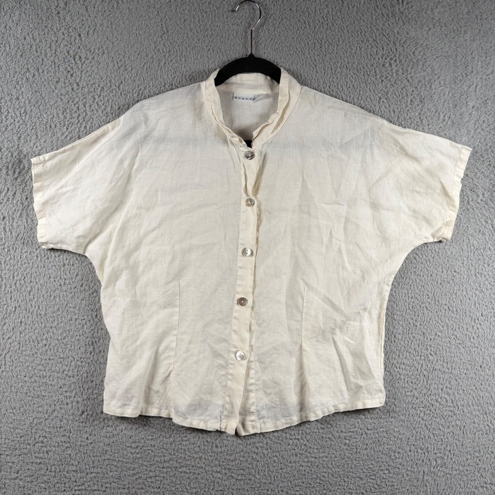 Bryn Walker Women Cream 100% Linen Button Front Mandarin Collar Blouse Top L USA